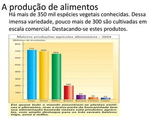 A produção de alimentos
 Há mais de 350 mil espécies vegetais conhecidas. Dessa
 imensa variedade, pouco mais de 300 são cultivadas em
 escala comercial. Destacando-se estes produtos.
 