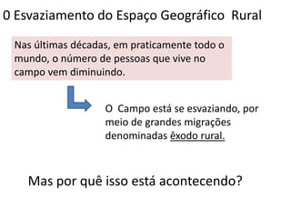 0 Esvaziamento do Espaço Geográfico Rural
 Nas últimas décadas, em praticamente todo o
 mundo, o número de pessoas que vive no
 campo vem diminuindo.


                   O Campo está se esvaziando, por
                   meio de grandes migrações
                   denominadas êxodo rural.



   Mas por quê isso está acontecendo?
 
