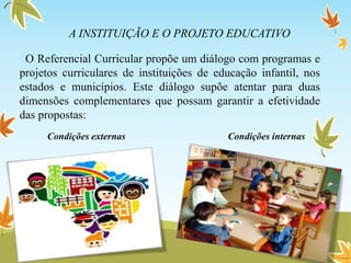 A INSTITUIÇÃO E O PROJETO EDUCATIVO
O Referencial Curricular propõe um diálogo com programas e
projetos curriculares de instituições de educação infantil, nos
estados e municípios. Este diálogo supõe atentar para duas
dimensões complementares que possam garantir a efetividade
das propostas:
Condições externas Condições internas
 