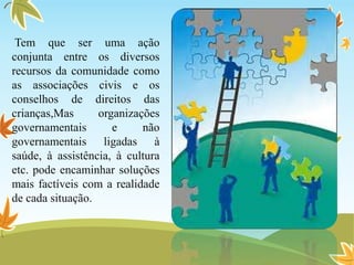 Tem que ser uma ação
conjunta entre os diversos
recursos da comunidade como
as associações civis e os
conselhos de direitos das
crianças,Mas organizações
governamentais e não
governamentais ligadas à
saúde, à assistência, à cultura
etc. pode encaminhar soluções
mais factíveis com a realidade
de cada situação.
 