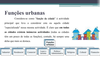 Funções urbanas
             Considera-se como "função da cidade" à actividade
   principal que leva a considerar esta ou aquela cidade
   "especializada" nessa mesma actividade. É claro que em todas
   as cidades existem inúmeras actividades (todas as cidades
   têm um pouco de todas as funções), contudo, há sempre uma
   delas que mais se destaca.                Funções
                                             urbanas

                                       Lazer e     Político/
Industrial   Residencial   Comercial                              Religiosa   Cultural   Financeira
                                       turismo   Administrativa
 