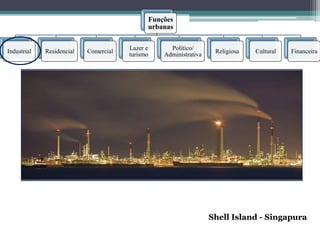 Funções
                                             urbanas

                                       Lazer e     Político/
Industrial   Residencial   Comercial                               Religiosa   Cultural   Financeira
                                       turismo   Administrativa




                                                                  Shell Island - Singapura
 