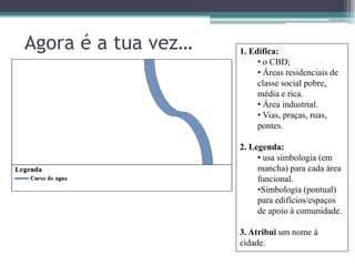 Agora é a tua vez…   1. Edifica:
                          • o CBD;
                          • Áreas residenciais de
                          classe social pobre,
                          média e rica.
                          • Área industrial.
                          • Vias, praças, ruas,
                          pontes.

                     2. Legenda:
                          • usa simbologia (em
                          mancha) para cada área
                          funcional.
                          •Simbologia (pontual)
                          para edifícios/espaços
                          de apoio à comunidade.

                     3. Atribui um nome à
                     cidade.
 