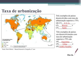 Taxa de urbanização
                                                                        Três exemplos de países
                                                                        desenvolvidos com taxa de
                                                                2       urbanização superior a 75%
                                                                        são (1)_____________,
                                                                                   E.U.A.
                                                                        (2)_____________ e
                                                                               Rússia
                    1                                               3   (3)_____________ .
                                                                                Japão
                                                5      6
                                                                        Três exemplos de países
                                                                        em desenvolvimento com
                                                                        taxa de urbanização
                            4                                           superior a 75% são
                                                                        (4)_____________,
                                                                              Argentina
                                                                        (5)_____________ e
                                                                                Líbia
                                                                        (6)_____________ .
                                                                            Arábia Saudita
Fonte: Porto Editora – Manual Interactivo Geografia, 8.º ano.



                                                                                     Ex: 6.
 