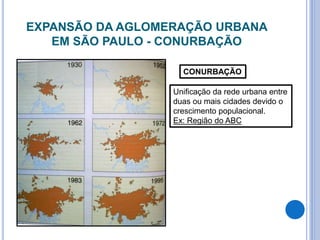 EXPANSÃO DA AGLOMERAÇÃO URBANA
EM SÃO PAULO - CONURBAÇÃO
CONURBAÇÃO
Unificação da rede urbana entre
duas ou mais cidades devido o
crescimento populacional.
Ex: Região do ABC
 