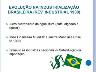 EVOLUÇÃO NA INDUSTRIALIZAÇÃO
BRASILEIRA (REV. INDUSTRIAL 1930)
 Lucro proveniente da agricultura (café, algodão e
açúcar);
 Crise Financeira Mundial: I Guerra Mundial e Crise
de 1929;
 Estímulo as indústrias nacionais -> Substituição da
importação;
 