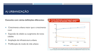 A) URBANIZAÇÃO
Conceito com várias definições diferentes
 Crescimento urbano maior que o crescimento
rural
 Expansão da cidade ou surgimento de novas
cidades
 Ampliação de infraestrutura urbana
 Proliferação do modo de vida urbano
 