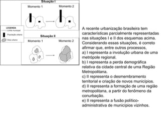 A recente urbanização brasileira tem características parcialmente representadas nas situações I e II dos esquemas acima. Considerando essas situações, é correto afirmar que, entre outros processos, a) I representa a involução urbana de uma metrópole regional. b) I representa a perda demográfica relativa da cidade central de uma Região Metropolitana. c) II representa o desmembramento territorial e criação de novos municípios. d) II representa a formação de uma região metropolitana, a partir do fenômeno da conurbação. e) II representa a fusão político-administrativa de municípios vizinhos. 