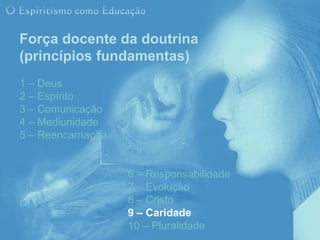 Força docente da doutrina
(princípios fundamentas)
1 – Deus
2 – Espírito
3 – Comunicação
4 – Mediunidade
5 – Reencarnação


                   6 – Responsabilidade
                   7 – Evolução
                   8 – Cristo
                   9 – Caridade
                   10 – Pluralidade
 
