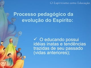 Processo pedagógico da
   evolução do Espírito:


         O educando possui
        idéias inatas e tendências
        trazidas de seu passado
        (vidas anteriores);
 