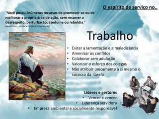 Trabalho
• Evitar a lamentação e a maledicência
• Amenizar os conflitos
• Colaborar sem adulação
• Valorizar o esforço dos colegas
• Não atribuir unicamente a si mesmo o
sucesso da tarefa
“Você possui inúmeros recursos de promover-se ou de
melhorar a própria área de ação, sem recorrer a
desrespeito, perturbação, azedume ou rebeldia.”
(André Luiz, da obra Da obra: Sinal Verde)
Líderes e gestores
• Vencer x vencer
• Liderança servidora
• Empresa ambiental e socialmente responsável
O espírito de serviço no..
 