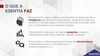 Monitoramento, coleta, análises e cruzamentos de dados nos dão a
inteligência para identiﬁcar oportunidades, ameaças e tendências,
facilitando a tomada rápida e certeira de decisões. O contato íntimo
com a informação é o que resulta em insights.!
!
!
!
O QUE A
ESENTIA FAZ
Planejamento, execução e entrega de pesquisas, estudos e
levantamentos tailor-made. Internas, externas e setoriais. !
Estruturação e implementação de processos de relacionamento
multiplataforma com o consumidor (SAC 2.0)!
e inﬂuenciadores (PR 2.0).!
 