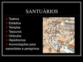 SANTUÁRIOS Teatros Estádios Templos Tesouros Oráculos Hipódromos Acomodações para  sacerdotes e peregrinos 