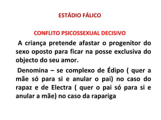 ESTÁDIO FÁLICO
CONFLITO PSICOSSEXUAL DECISIVO
A criança pretende afastar o progenitor do
sexo oposto para ficar na posse exclusiva do
objecto do seu amor.
Denomina – se complexo de Édipo ( quer a
mãe só para si e anular o pai) no caso do
rapaz e de Electra ( quer o pai só para si e
anular a mãe) no caso da rapariga
 