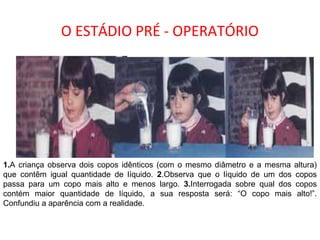O ESTÁDIO PRÉ - OPERATÓRIO
1.A criança observa dois copos idênticos (com o mesmo diâmetro e a mesma altura)
que contêm igual quantidade de líquido. 2.Observa que o líquido de um dos copos
passa para um copo mais alto e menos largo. 3.Interrogada sobre qual dos copos
contém maior quantidade de líquido, a sua resposta será: “O copo mais alto!”.
Confundiu a aparência com a realidade.
 
