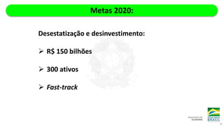 Desestatização e desinvestimento:
 R$ 150 bilhões
 300 ativos
 Fast-track
16
Metas 2020:
 