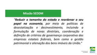 Missão SEDDM
“Reduzir o tamanho do estado e reordenar o seu
papel na economia, por meio de políticas de
desestatização e desinvestimento, incluindo a
formulação de novas diretrizes, coordenação e
definição de critérios de governança corporativa das
empresas estatais federais, bem como a gestão
patrimonial e alienação dos bens imóveis da União.”
5
 
