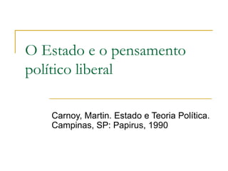 O Estado e o pensamento político liberal Carnoy, Martin. Estado e Teoria Política. Campinas, SP: Papirus, 1990 