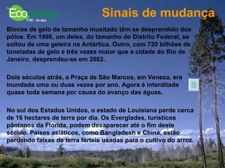Sinais de mudança  Blocos de gelo de tamanho inusitado têm se desprendido dos pólos. Em 1998, um deles, do tamanho do Distrito Federal, se soltou de uma geleira na Antártica. Outro, com 720 bilhões de toneladas de gelo e três vezes maior que a cidade do Rio de Janeiro, desprendeu-se em 2002.  Dois séculos atrás, a Praça de São Marcos, em Veneza, era inundada uma ou duas vezes por ano. Agora é interditada quase toda semana por causa do avanço das águas.  No sul dos Estados Unidos, o estado de Louisiana perde cerca de 16 hectares de terra por dia. Os Everglades, turísticos pântanos da Flórida, podem desaparecer até o fim deste século. Países asiáticos, como Bangladesh e China, estão perdendo faixas de terra férteis usadas para o cultivo do arroz.   