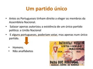 Um partido únicoAntes os Portugueses tinham direito a eleger os membros da Assembleia Nacional.Salazar apenas autorizou a existência de um único partido político: a União Nacional E alguns portugueses, poderiam votar, mas apenas num único partido.Homens.  