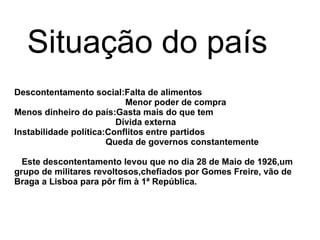 Situação do país Descontentamento social:Falta de alimentos Menor poder de compra Menos dinheiro do país:Gasta mais do que tem Dívida externa Instabilidade política:Conflitos entre partidos Queda de governos constantemente Este descontentamento levou que no dia 28 de Maio de 1926,um grupo de militares revoltosos,chefiados por Gomes Freire, vão de Braga a Lisboa para pôr fim à 1ª República. 