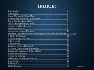 ÍNDICE:
Introdução 2
Cronologia 3
Golpe Militar de 28 de Maio 4
Causas da Queda da 1ªRepública 5
Inicio Da Ditadura Militar 6
O Estado Novo(1926-1974) 7
Salazar e o Estado Novo 8
Quem era Salazar? 9
Saldos das Contas Públicas 10
Medidas tomadas por Salazar enquanto Ministro das Finanças 11
A Lição de Salazar 12
A Constituição de 1933 13
A Repressão 14
A Repressão 15
Imagens sobre a Repressão 16
Grandes Construções (exemplos) 17
Emigração durante o Estado Novo 18
Oposição ao Regime 19
A Guerra Colonial 20
O Governo de Marcelo Caetano 21
Conclusão 22
Bibliografia 23
Ficha Técnica 24 28/06/2016
 