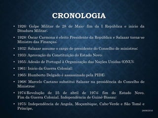 CRONOLOGIA
• 1926: Golpe Militar de 28 de Maio: fim da I República e inicio da
Ditadura Militar;
• 1928: Óscar Carmona é eleito Presidente da República e Salazar torna-se
Ministro das Finanças;
• 1932: Salazar assume o cargo de presidente do Conselho de ministros;
• 1933: Aprovação da Constituição do Estado Novo;
• 1955: Adesão de Portugal à Organização das Nações Unidas (ONU);
• 1961: Inicio da Guerra Colonial;
• 1965: Humberto Delgado é assassinado pela PIDE;
• 1968: Marcelo Caetano substitui Salazar na presidência do Concelho de
Ministros;
• 1974:Revolução de 25 de abril de 1974: fim do Estado Novo.
Fim da Guerra Colonial. Independência de Guiné-Bissau;
• 1975: Independência de Angola, Moçambique, Cabo-Verde e São Tomé e
Príncipe, 28/06/2016
 