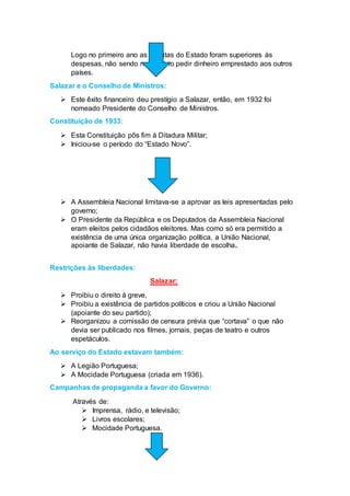 Logo no primeiro ano as receitas do Estado foram superiores às
despesas, não sendo necessário pedir dinheiro emprestado aos outros
países.
Salazar e o Conselho de Ministros:
 Este êxito financeiro deu prestígio a Salazar, então, em 1932 foi
nomeado Presidente do Conselho de Ministros.
Constituição de 1933:
 Esta Constituição pôs fim á Ditadura Militar;
 Iniciou-se o período do “Estado Novo”.
 A Assembleia Nacional limitava-se a aprovar as leis apresentadas pelo
governo;
 O Presidente da República e os Deputados da Assembleia Nacional
eram eleitos pelos cidadãos eleitores. Mas como só era permitido a
existência de uma única organização política, a União Nacional,
apoiante de Salazar, não havia liberdade de escolha.
Restrições às liberdades:
Salazar:
 Proibiu o direito á greve,
 Proibiu a existência de partidos políticos e criou a União Nacional
(apoiante do seu partido);
 Reorganizou a comissão de censura prévia que “cortava” o que não
devia ser publicado nos filmes, jornais, peças de teatro e outros
espetáculos.
Ao serviço do Estado estavam também:
 A Legião Portuguesa;
 A Mocidade Portuguesa (criada em 1936).
Campanhas de propaganda a favor do Governo:
Através de:
 Imprensa, rádio, e televisão;
 Livros escolares;
 Mocidade Portuguesa.
 