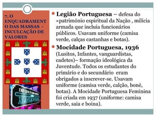 7. O
ENQUADRAMENT
O DAS MASSAS -
INCULCAÇÃO DE
VALORES
Legião Portuguesa – defesa do
«património espiritual da Nação , mi...