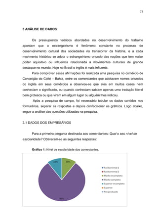 21




3 ANÁLISE DE DADOS


      Os pressupostos teóricos abordados no desenvolvimento do trabalho
apontam    que   o   estrangeirismo    é   fenômeno        constante   no   processo   de
desenvolvimento cultural das sociedades no transcorrer da história, e a cada
movimento histórico se adota o estrangeirismo oriundo das noções que tem maior
poder aquisitivo ou influencia relacionada a movimentos culturais de grande
destaque no mundo. Hoje no Brasil o inglês é mais influente.
      Para comprovar essas afirmações foi realizada uma pesquisa no comércio de
Conceição do Coité – Bahia, entre os comerciantes que adotavam nomes oriundos
do inglês em seus comércios e observou-se que eles em muitos casos nem
conheciam o significado, ou quando conheciam sabiam apenas uma tradução literal
bem grotesca ou que viram em algum lugar ou alguém lhes indicou.
       Após a pesquisa de campo, foi necessário tabular os dados contidos nos
formulários, separar as respostas e depois confeccionar os gráficos. Logo abaixo,
segue a análise das questões utilizadas na pesquisa.


3.1 DADOS DOS EMPRESÁRIOS


      Para a primeira pergunta destinada aos comerciantes: Qual o seu nível de
escolaridade? Obtiveram-se as seguintes respostas:


      Gráfico 1: Nível de escolaridade dos comerciantes.
 