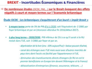 BREXIT - Incertitudes Économiques & Financières
 De nombreuse études (OCDE, FMI,…) sur le Brexit évoquent des effets
négatifs à court et moyen termes sur l ’économie britannique
Étude OCDE : Les britanniques s’acquitteront d’un lourd « impôt Brexit »
• à moyen terme perte de 3% de PIB d’ici à 2020, soit l’équivalent de -2 200£ par
foyer britannique et par an (récession attendue fin 2016/début 2017).
• à plus long terme – 2020/2030 : PIB inférieur de 5% à ce qu’il serait si le RU
restait dans l’UE, soit -3 200£ par foyer et par an.
- dépréciation dela livre (env.-10%aujourd’hui)=baissepouvoird’achat,
- canal des échanges avec l’UE mais aussi avec d’autres marchés de
pays tiers dont l’accès est facilité par l’appartenance à l’UE,
- diminution des investissements directs étrangers (le RU en est le
premier bénéficiaire en Europe loin devant l’Allemagne et la France)
- délocalisation d’entreprises (finance, assurance, télécom, …)
 