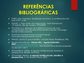 REFERÊNCIAS
BIBLIOGRÁFICAS
 PARO, Vitor Henrique. Qualidade do ensino: a contribuição dos
pais (1997, p.30).
 PIAGET, J. Para onde vai a educação. José Olympio ed.
15a edição. Rio de Janeiro: 1972/2000.
 POLÔNIA A.C.,&Dessen M.A.(2005) Em busca de uma
compreensão das relações entre família e escola. Psicologia
Escolar e Educacional.
 Portal do movimento Educar para Crescer
www.educarparacrescer.com.br
 PRADO, Danta O que é família. 1 ed.São Paulo: Brasiliense,1981.
 Revista Nova Escola - Edição 003 | Agosto/Setembro
2009http://revistaescola.abril.com.br/gestao-
escolar/diretor/escola-familia- Site: Revista Nova Escola acessado
no dia 04/11/2011
 SZYMANSKI H. (2002). A relação família-escola: Desafios e
perspectivas. Brasília: Ed.Plano.
 SZYMANSKI, Heloísa. A relação família/escola: desafios e
perspectivas. 2. ed. Brasília: Plano, 2007.
 