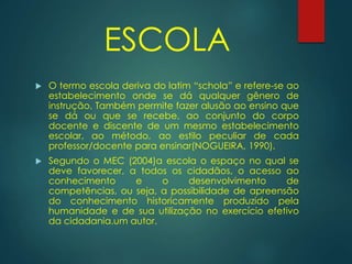  O termo escola deriva do latim “schola” e refere-se ao
estabelecimento onde se dá qualquer gênero de
instrução. Também permite fazer alusão ao ensino que
se dá ou que se recebe, ao conjunto do corpo
docente e discente de um mesmo estabelecimento
escolar, ao método, ao estilo peculiar de cada
professor/docente para ensinar(NOGUEIRA, 1990).
 Segundo o MEC (2004)a escola o espaço no qual se
deve favorecer, a todos os cidadãos, o acesso ao
conhecimento e o desenvolvimento de
competências, ou seja, a possibilidade de apreensão
do conhecimento historicamente produzido pela
humanidade e de sua utilização no exercício efetivo
da cidadania.um autor.
ESCOLA
 