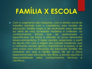  Com o surgimento das máquinas, com a divisão social do
trabalho advinda com o capitalismo, esse modelo de
educação familiar passa a ser insuficiente para atender
ao ideal de uma sociedade moderna e civilizada. Os
conhecimentos tinham que ser aprimorados e
especificados de forma a atender às novas demandas
desenvolvimentistas. É nesse cenário, propiciado a partir
do século XVII, com a origem das cidades modernas, que
a instituição escolar ganhou importância e passou a ser
vista como uma continuação da educação familiar. No
momento em que a família deixou de ser a única
responsável pela educação dos filhos, a escola assumiu a
responsabilidade pelos conhecimentos técnicos e
científicos.
FAMÍLIA X ESCOLA
 