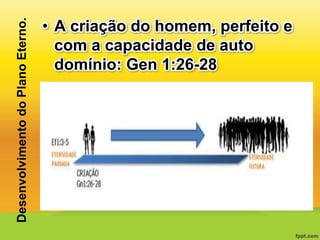 Desenvolvimento do Plano Eterno.

• A criação do homem, perfeito e
com a capacidade de auto
domínio: Gen 1:26-28

 
