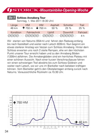 -Mountainbike-Opening-Woche
     So 1 	 Schloss Annaberg Tour
           Sonntag, 1. Mai 2011 (9.30 Uhr)
      Länge         HM        HM        Asphalt   Schotter      Trail
      46 km        750 m    750 m      50 %      25 %        25 %
      Kondition     Fahrtechnik       Uphill      Downhill     Fahrzeit
                                                                 4h
 Wir starten von Naturns (554 m) und fahren den Radweg entlang
 bis nach Kastelbell und weiter nach Latsch (639 m). Nun beginnt ein
 etwas steilerer Anstieg von Vezzan zum Schloss Annaberg. Hinter dem
 Schloss erwarten uns noch 2 steile Rampen, ehe wir den höchsten
 Punkt unserer Tour erreicht haben und zu den Annaberg Böden
 (1200m) abfahren. Die Annabergböden sind ein herrliches Plateau mit
 einer schönen Aussicht. Nach einer kurzen Verschnaufpause fahren
 wir einen schwierigen Trail abwärts bis zum Schloss Goldrain und
 weiter nach Latsch, wo wir uns im Bierkeller nach belieben kräftigen
 können. Vom Bierkeller geht’s den Obstplantagen entlang zurück nach
 Naturns. Voraussichtliche Rückkehr ca.15:30 Uhr.




         750 HM




                                                              46 km

34
 
