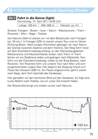 -Rennrad-Opening-Woche
 Do 1 	 Fahrt in die Sonne (light)
        Donnerstag, 14. April 2011 (9.00 Uhr)
         Länge: 103 km      HM: 200 m        Fahrzeit: ca. 4 h
Strecke: Frangart – Bozen – Auer – Salurn – Mezzocorona – Trient –
Rovereto – Mori – Nago – Torbole
Von Naturns (554 m) starten wir mit dem Bikeshuttle nach Frangart
(ca. 30 min.). In Frangart (230 m) startet unsere Tour und wir fahren
Richtung Bozen. Nach einigen Kilometern gelangen wir nach Salurn,
der Grenze zwischen Südtirol und dem Trentino. Der Weg führt meist
auf dem Etschdammradweg entlang, an den Weinanbaugebieten
Mezzocorona und Mezzolombardo vorbei, nach Trient. In Trient
fahren wir am Stadtrand vorbei und gelangen nach Mattarello. Nun
führt uns der Etschdammradweg, vorbei an der Burg Beseno, nach
Rovereto. Von Rovereto führt uns unserer Tour nach Mori und zum
ausgetrockneten Loppio See. Hier beginnt die Steigung hinauf zum
Passo San Giovanni (290 m). Am Passo angekommen geht’s weiter
nach Nago, dem Dorf oberhalb des Gardasees.
Hier genießen wir den herrlichen Blick auf den Gardasee. Es folgt eine
kurze Abfahrt nach Torbole, wo wir unser Ziel erreicht haben.
Der Bikeshuttle bringt uns wieder zurück nach Naturns.




     200 HM




                                                          103 km

                                                                         75
 