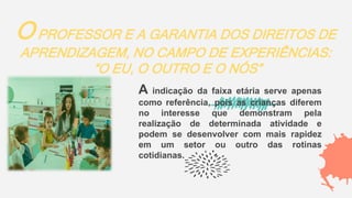 OPROFESSOR E A GARANTIA DOS DIREITOS DE
APRENDIZAGEM, NO CAMPO DE EXPERIÊNCIAS:
“O EU, O OUTRO E O NÓS”
A indicação da faixa etária serve apenas
como referência, pois as crianças diferem
no interesse que demonstram pela
realização de determinada atividade e
podem se desenvolver com mais rapidez
em um setor ou outro das rotinas
cotidianas.
 