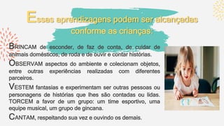 Essas aprendizagens podem ser alcançadas
conforme as crianças:
BRINCAM de esconder, de faz de conta, de cuidar de
animais domésticos, de roda e de ouvir e contar histórias.
OBSERVAM aspectos do ambiente e colecionam objetos,
entre outras experiências realizadas com diferentes
parceiros.
VESTEM fantasias e experimentam ser outras pessoas ou
personagens de histórias que lhes são contadas ou lidas.
TORCEM a favor de um grupo: um time esportivo, uma
equipe musical, um grupo de gincana.
CANTAM, respeitando sua vez e ouvindo os demais.
 