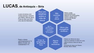 LUCAS, de Antioquia – Síria
Não
conviveu
com
Jesus
Médico cristão
(possivelmente pós
diáspora) de embarcações,
domina o grego como
nenhum dos demais
evangelistas.
Rico em
detalhes
sobre a
vida de
Jesus
Não se
identifica como
autor. A tradição
conferiu a
Lucas a autoria
do evangelho
Último dos
evangelhos
sinóticos
Alguns
textos
exclusivos
oRelatos da infância de Jesus.
oAlgumas parábolas só estão em Lucas.
oAlguns ensinos e fatos da vida de
Jesus
oEncontros de Jesus com Zaqueu,
Herodes, Maria e Marta
Amigo de
peregrinação
de Paulo de
Tarso
Lucas conversou com
muitas pessoas, inclusive
com Maria, mãe de Jesus.
Pose-se dizer que tinha
uma veia de historiador.
Paulo o chama
carinhosamente de “O
Médico Amado” em
Colossenses 4:14.
 