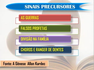SINAIS PRECURSORES

           AS GUERRAS

           FALSOS PROFETAS

           DIVISÃO NA FAMÍLIA

           CHOROS E RANGER DE DENTES


Fonte: A Gênese Allan Kardec
 