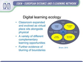 Digital learning ecology
• Classroom expanded
and evolved as virtual
place sits alongside
physical
• A variety of different
complementary
learning opportunities
• Further evidence of
blurring of boundaries
Brown, 2015
 