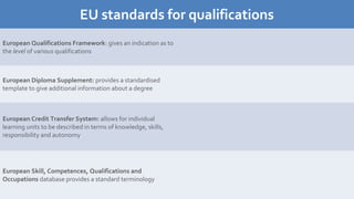 EU Standards
for
Qualifications
EU standards for qualifications
European Qualifications Framework: gives an indication as to
the level of various qualifications
European Diploma Supplement: provides a standardised
template to give additional information about a degree
European Credit Transfer System: allows for individual
learning units to be described in terms of knowledge, skills,
responsibility and autonomy
European Skill, Competences, Qualifications and
Occupations database provides a standard terminology
 