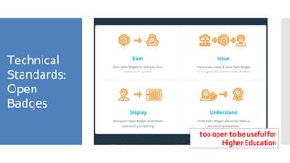 Technical
Standards:
Open
Badges
too open to be useful for
Higher Education
 