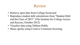 Review
• Retrieve open data from College Scorecard
• Reproduce student debt calculations from “Student Debt
and the Class of 2011” (The Institute for College Access
and Success, October 2012)
• Visualize data using Tableau Public
• Share openly using Creative Commons licensing
 
