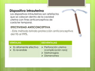 Dispositivo intrauterino
Los dispositivos intrauterinos son artefactos
que se colocan dentro de la cavidad
uterina con fines anticonceptivos de
carácter temporal.
EFECTIVIDAD ANTICONCEPTIVA
- Este método brinda protección anticonceptiva
del 95 al 99%.
VENTAJAS DESVENTAJAS
 Es altamente efectivo
 Es reversible
 Perforación uterina
(complicación rara)
 Metrorragias
 Dismenorrea
 