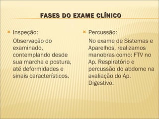 FASES DO EXAME CLÍNICO Inspeção: Observação do examinado, contemplando desde sua marcha e postura, até deformidades e sinais característicos.  Percussão: No exame de Sistemas e Aparelhos, realizamos manobras como: FTV no Ap. Respiratório e percussão do abdome na avaliação do Ap. Digestivo. 