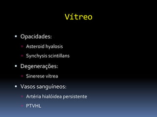 Vítreo

 Opacidades:
   Asteroid hyalosis

   Synchysis scintillans

 Degenerações:
   Sinerese vítrea

 Vasos sanguíneos:
   Artéria hialóidea persistente

   PTVHL
 