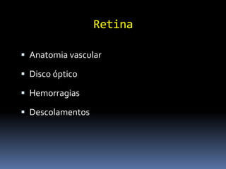 Retina

 Anatomia vascular

 Disco óptico

 Hemorragias

 Descolamentos
 