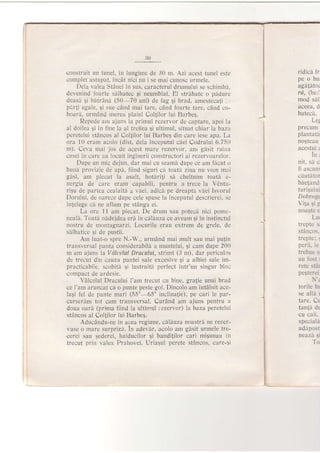 3t)
construit un tunel, in lungime de 30 m. Azi acest tunel este
-romplet astupat, incdt nici nu i se mai cunosc u-rmele.
Dela valea StAnei in sus, caracterul drumuriui se schimbi,
devenind foarte sllbatec gi neumblat. El stribate o padure
deasd qi bdtrAni (50-70 ani) de f ag gi brad, amesteca{r .
pirJi egale, qi sue cdnd mai tare, cAnd fo,arte tare, cdnd co-
board, urmAnd mereu plaiul Col{ilor lui Barbeg.
Qepede am ajuns la primul rezervor de captare, apoi Ia
al doilea Ei in fine la al treitlea gi ultimul, situat chiar la bazn
peretelui stdncos al Collilor lui Barbeg din care iese apa. I-a
ora 10 eram acolo (dist. dela incepu,tul cdei Codrului 6.751)
m). Ceva mai jos de acest mare rezervor, anl gisit ruilra
casei in care au locuit inginerii constructori ai rezervoarelor.
Dupe un mic dejun, dar mai cu seamd dupe ce am fdcut o
buni provizie de apI, iiind siguri cd toath ziua nu vom mai
gisi, am plecat la asalt, hotiri{i si cheltuim toath e-
nergia de care eram capabili, pentru a trece la V€ntu-
rigu de partea cealalt[ a vhei, adici pe dreapta viei Isvorul
Dorului, de oarece dupe 'cele spuse la inceputul descrierei, se
inlelege ca ne aflam pe tdnga ei.
La ora 11 am plecat. De drum sau poteci nici pome'
neali. Toati nddeidea eriL in'cdlduza ce aveam 5i in instinctul
nostru de rl,ontagnarzi. Locurile erau extrem de grele, de
shibatice gi de pustii.
Am luat-o spre N.-W., urmAnd mai mult sau mai putin
transversal panta considerabild a muntelui, 9i cam dupe 20Li
m am ajuns la V dlcdlul Dracului, strimt (3 m), dar periculos
de trecut din cauza pantei sale excesive 9i a albiei sale im-
practicabile, scobite $i lustruiti perfect intr'un singur bloc
compact de ardesie.
V6lcelul Dracului l'am trecut cu bine, gratie unui brad
ce I'am aruncat ca o punte peste gol. Dincolo am intdlnit ace-
lagi fel de pante m,ari (550 65u inclina{ie), pe ,cari le par-'
curserim tot cam transversal. CurAnd am aj.uns pentru a
doua oari (prima fiind la ultirr-rul rezervor) la baza peretelui
stAncos al Col{ilor lui Barbeq.
Aducdridu-ne in acea regiune, cilduza noastrh ne rezet-
vase o mare surprizd. 1n adevdr, acolo am gdsit urmele tre-
cerei sau qederei, haiducilor 9i banditilor cari migunau in
trecut prin valea Prahovei. Uriagul perete stancos, care-gi
ridici fr
pe o bu.
agatAtot
rd, (he'l
rnod sdl
aceea, d
bateci.
Let
precum
plantata
nosreau
acestui z
lnr
nit, sa c
fi ascuns
cAutator
bhe;and
turisu luj
Dobrogt
Viga gi p
noa$te e
Lu'
Irepte si
stanJos.
perii. le
trebue s,
au iost :
rete stal
pe5terei
N'z
torile be
se aflir r
tare. Cr
-tanje d€
cu caii.
.speciala
,adApost
xeazA $i
To
 